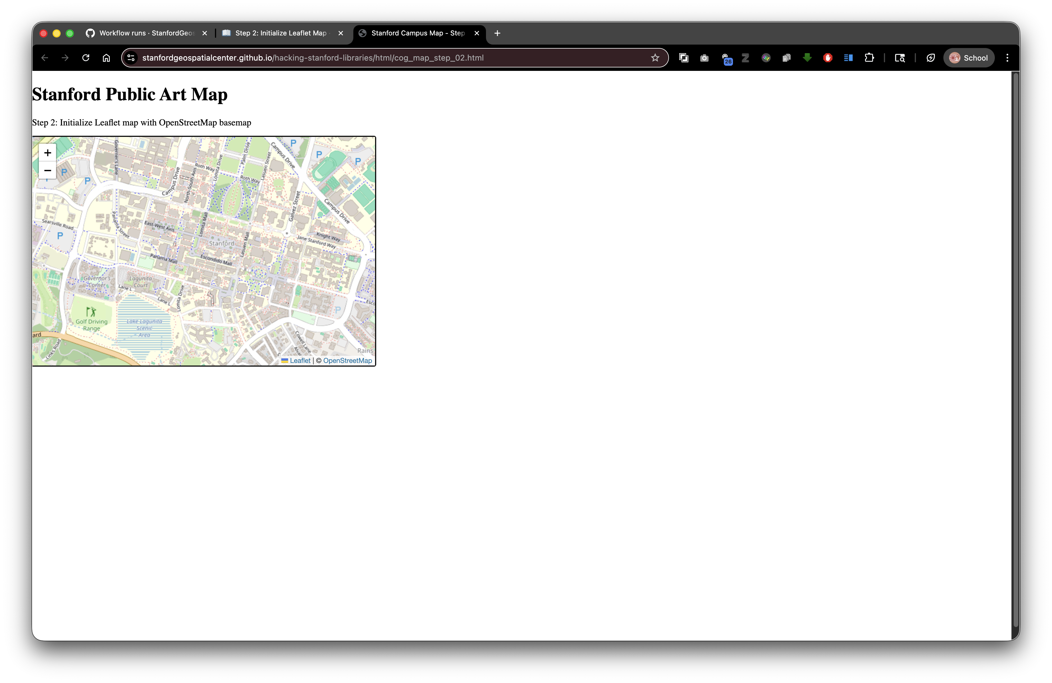 Step 2: Interactive Leaflet map centered on Stanford campus with OpenStreetMap basemap