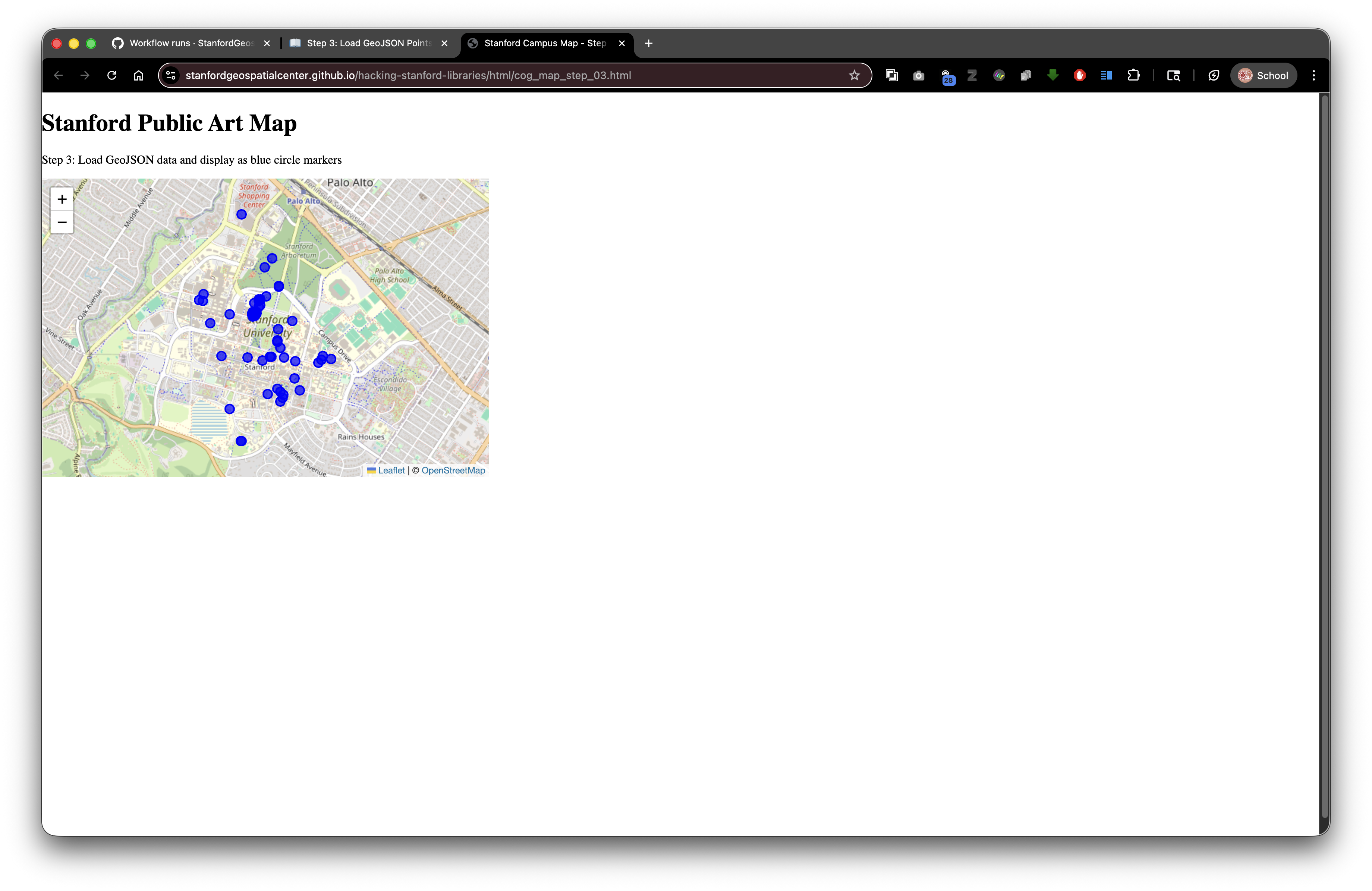 Step 3: Map with blue circle markers showing Stanford public art locations
