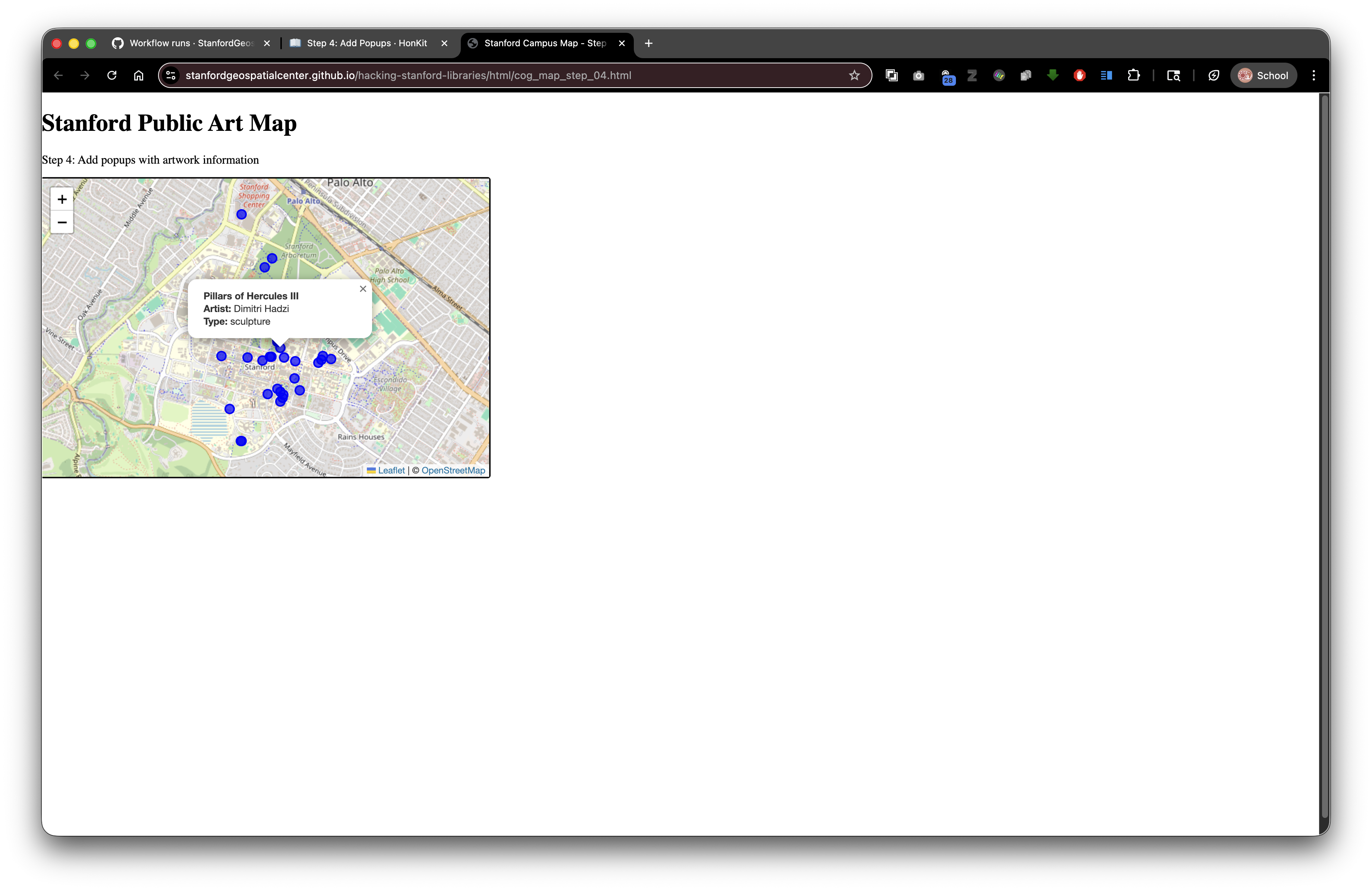 Step 4: Interactive map with popup showing artwork details (title, artist, type)