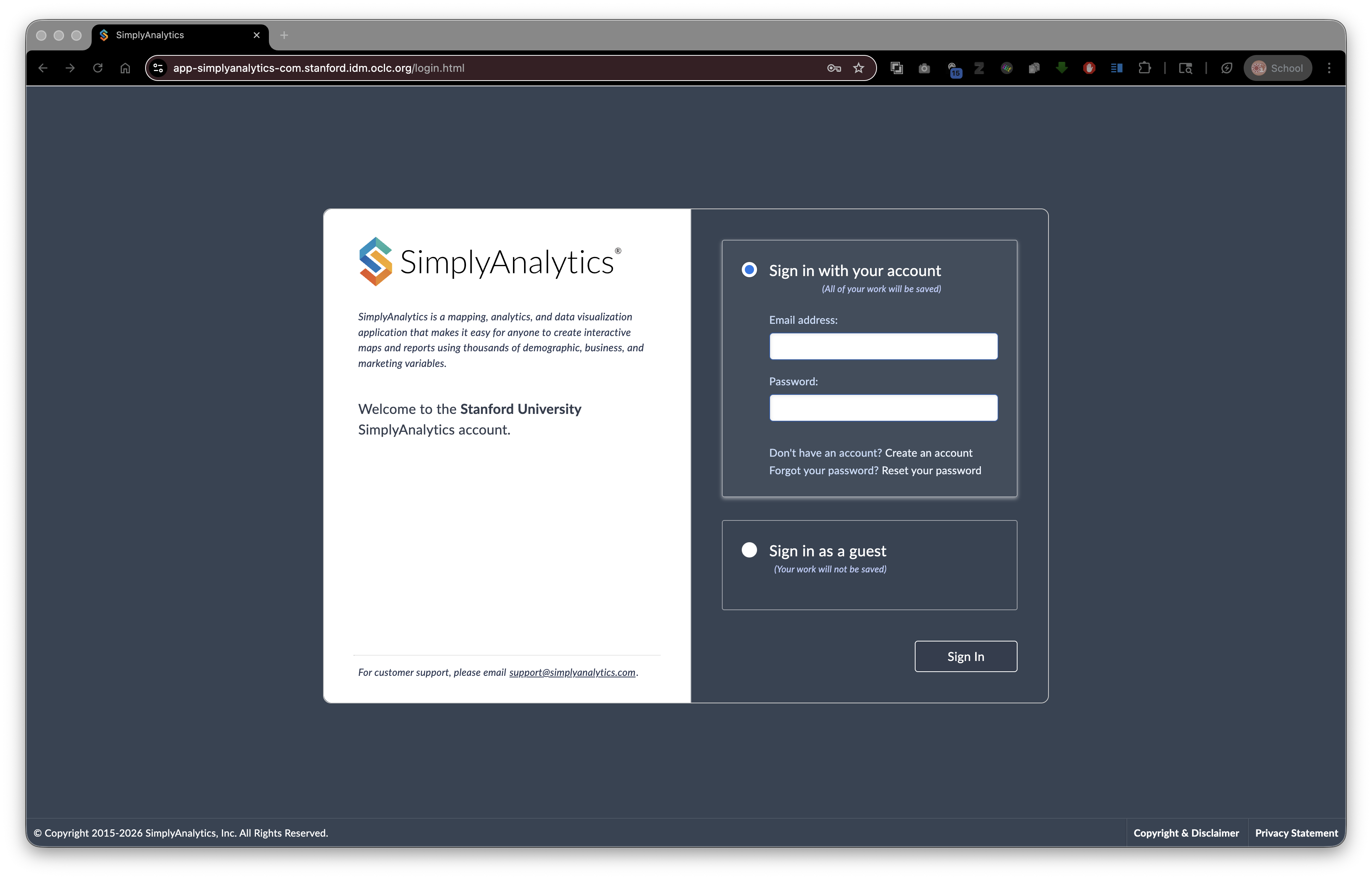 SimplyAnalytics login screen