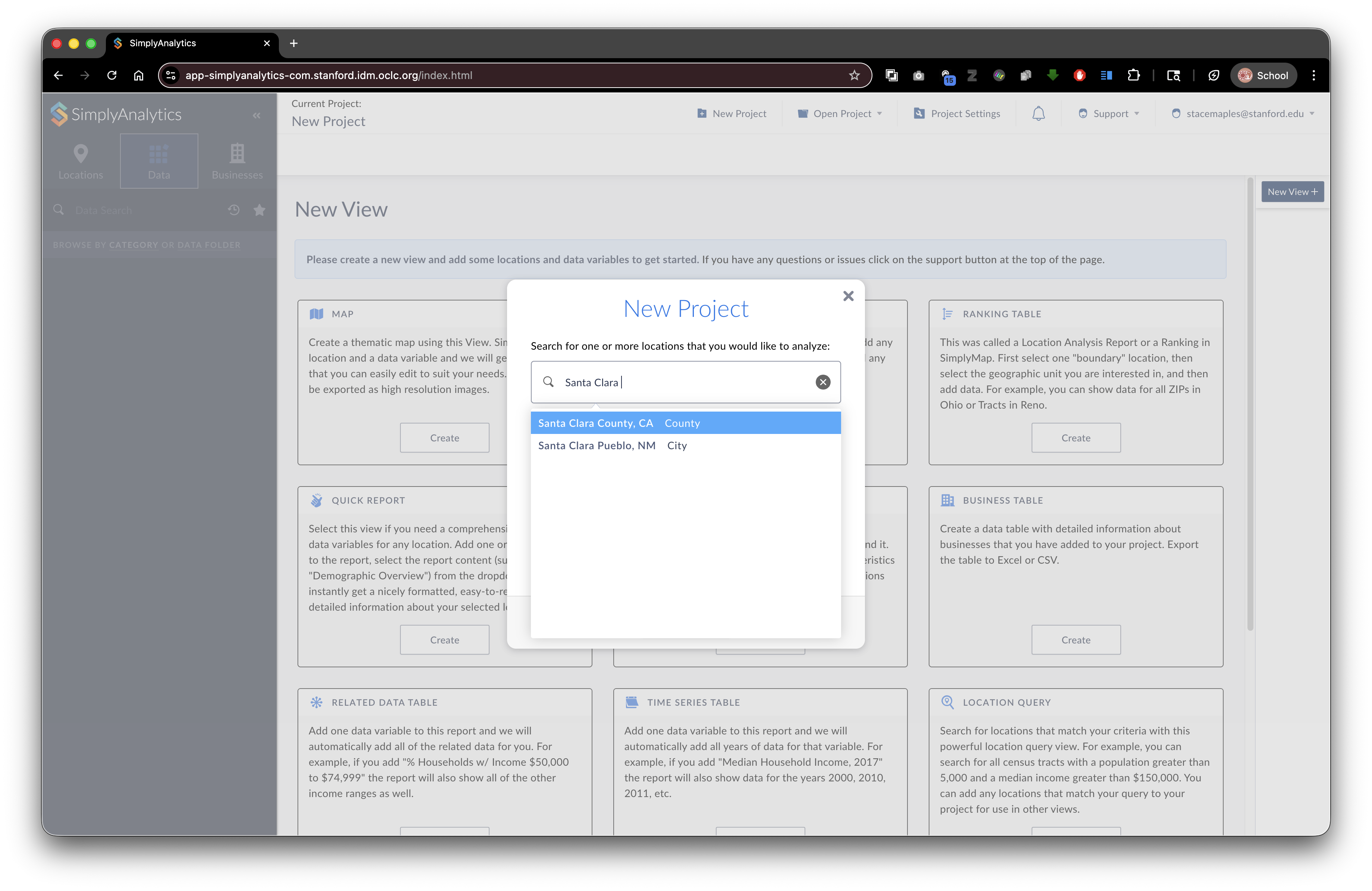 New Project modal (search for a location)