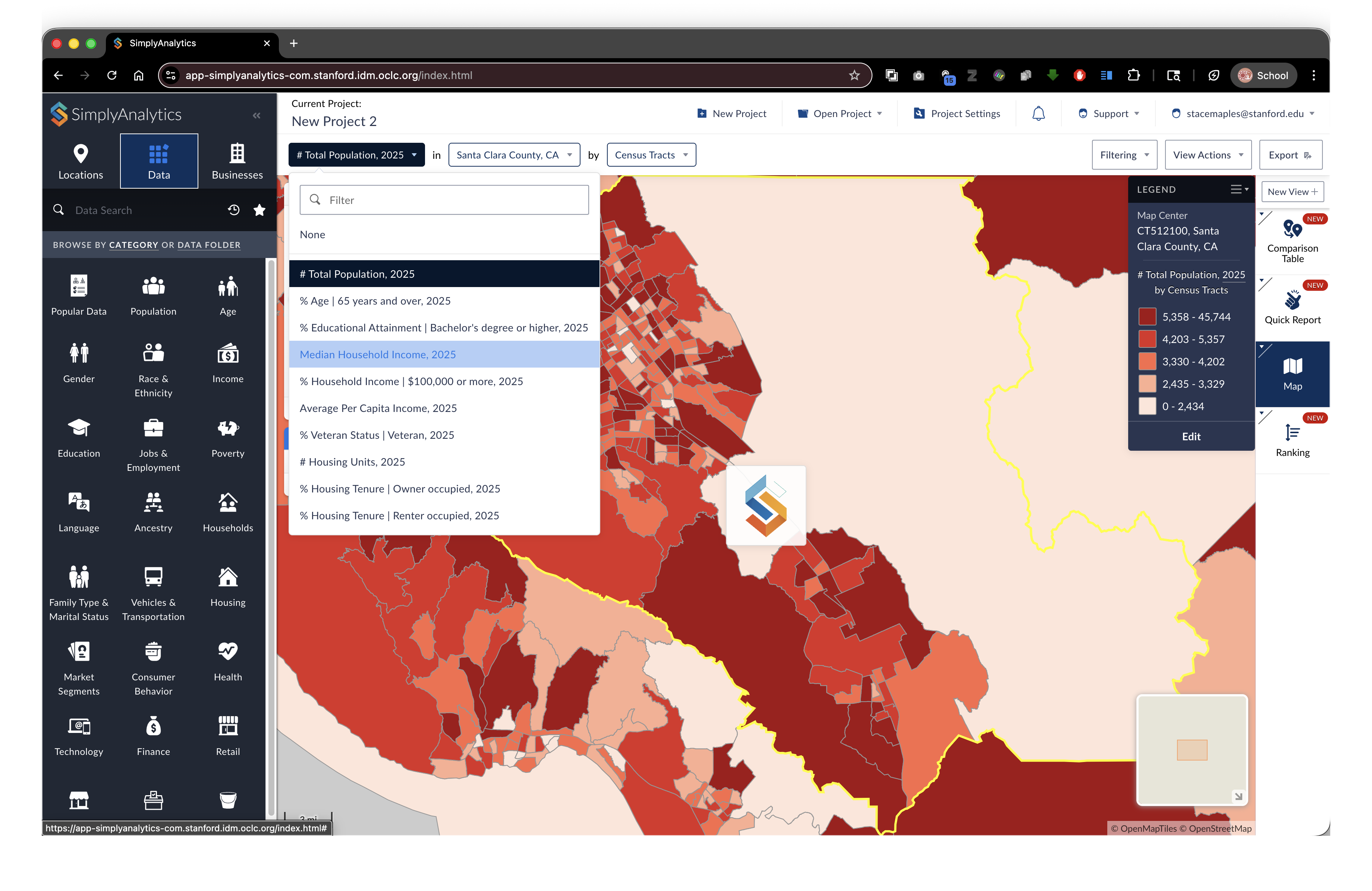 Map view (Census Tracts) with variable dropdown