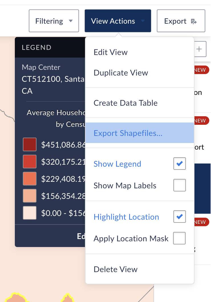 View Actions menu with Export Shapefiles